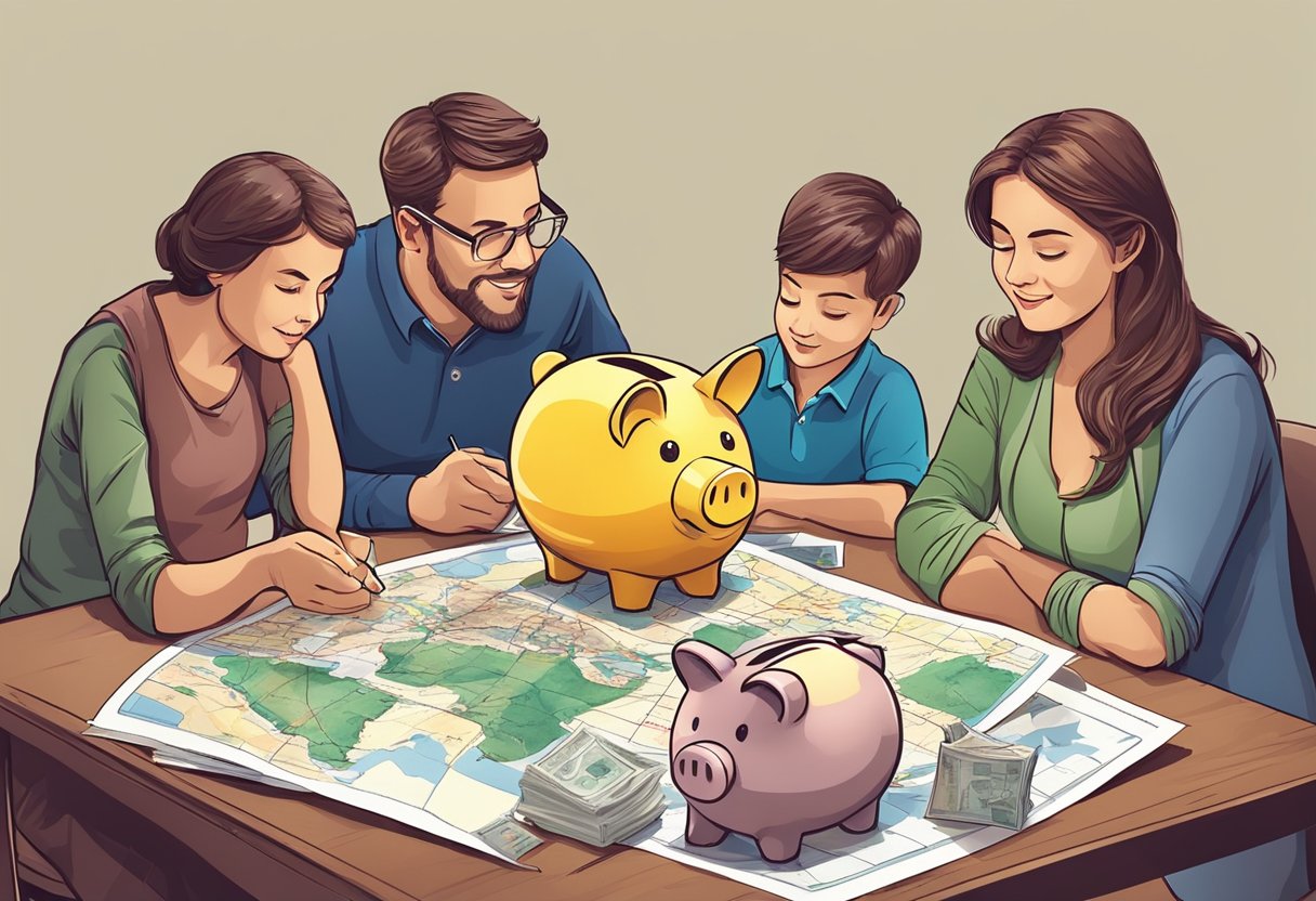 A family sitting around a table, with a piggy bank and a map on it. They are discussing and planning their finances for a family trip