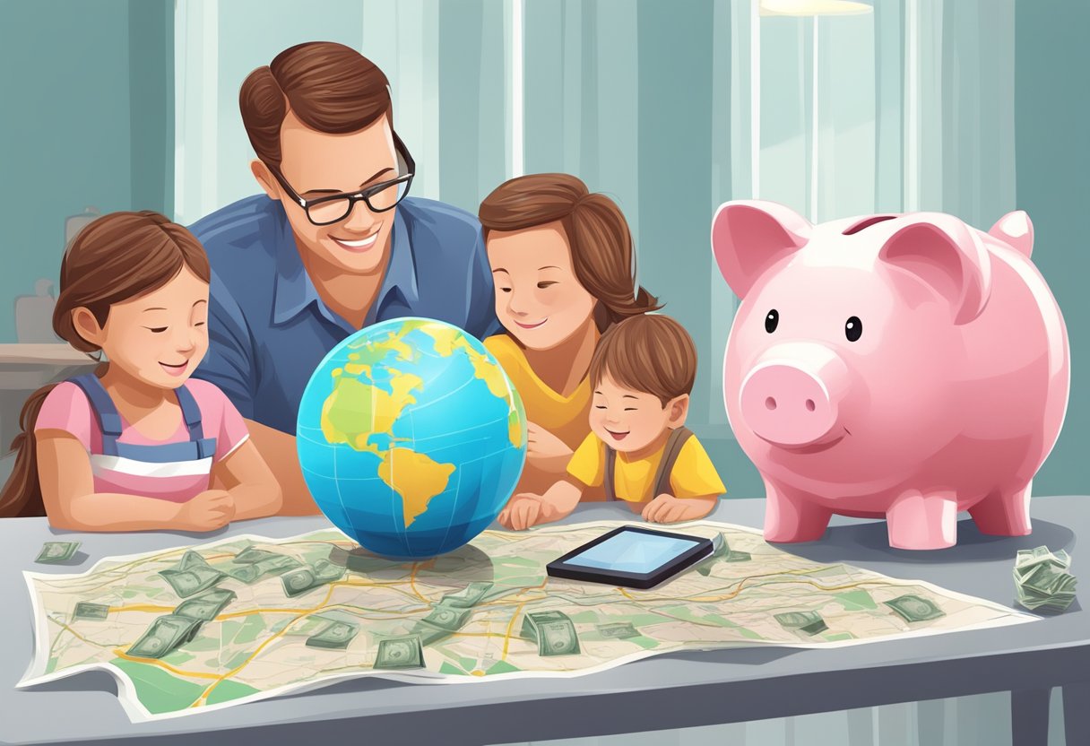 A family saving money for a trip, with a piggy bank and a map on the table