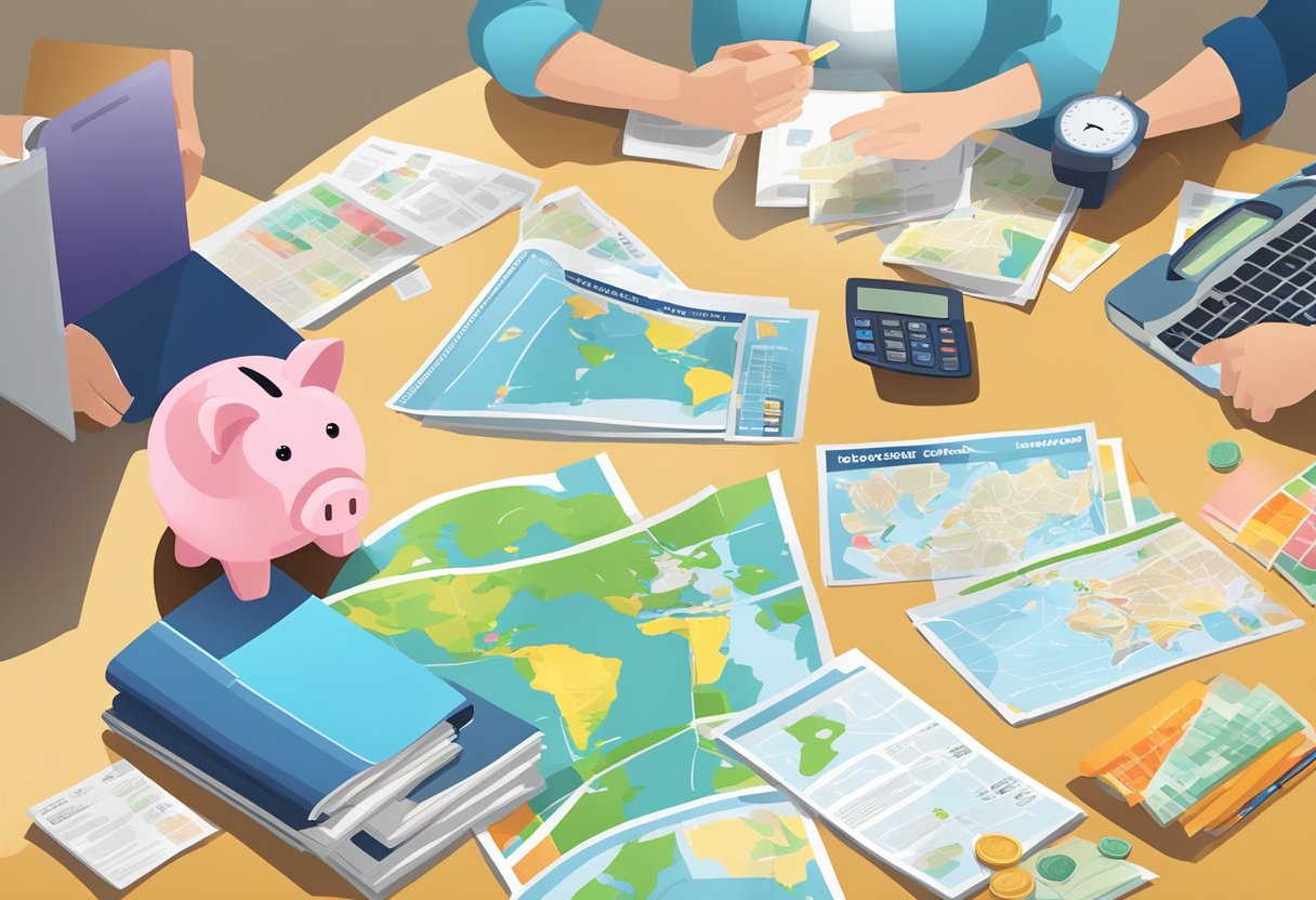 A family sits around a table, calculating expenses and saving money for a trip. Maps and travel brochures are spread out, while a piggy bank sits in the center