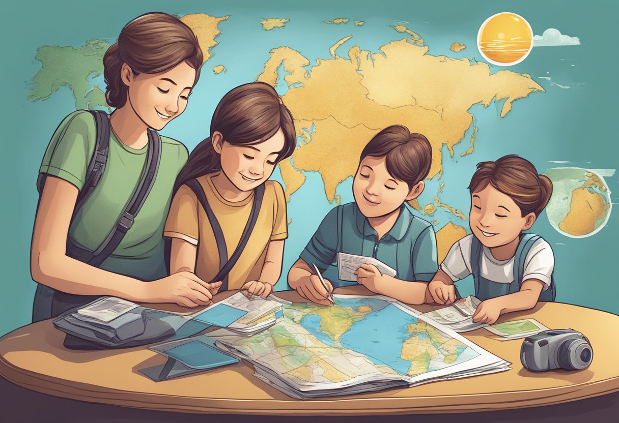 A family saving money in a piggy bank for a trip, with a map and travel brochures on a table